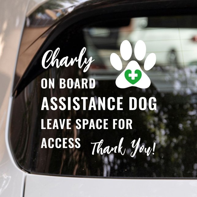 Vinilos Para Cristales Perro de servicio a bordo del coche con logotipo m (Service dog, emotional support dog or therapy dog on board car window cling with green medical logo.)