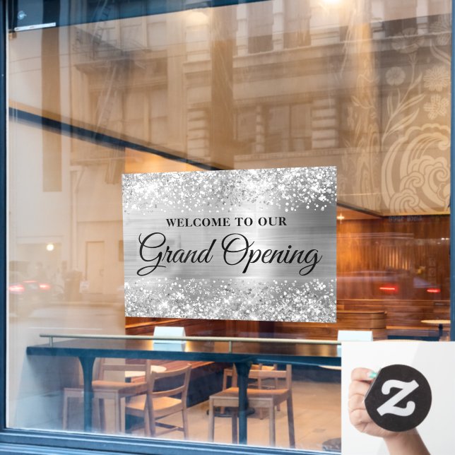 Vinilos Para Cristales Plata Purpurinoso Bienvenidos a nuestra gran apert (Ventana de cafetería)