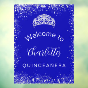 Vinilos Para Cristales Quinceañera azul real brillo de plata bienvenida