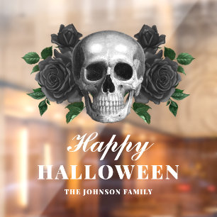 Vinilos Para Cristales Rosas Negras Góticas y Calavera Feliz Halloween