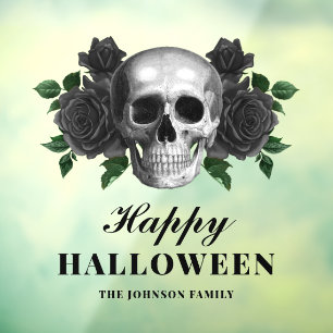 Vinilos Para Cristales Rosas negros góticos y cráneo feliz Halloween