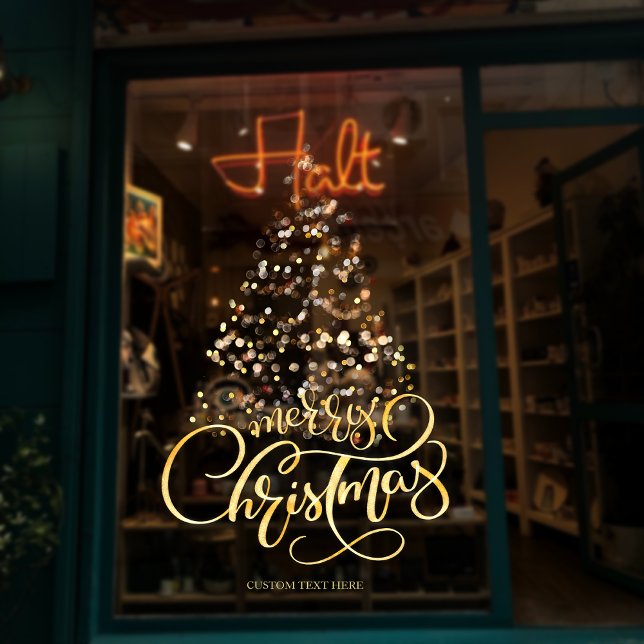 Vinilos Para Cristales Script Gold Merry Christmas Tree Holiday (Script Gold Merry Christmas Tree Business Corporate Entrance Window Cling)