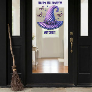 Vinilos Para Cristales Sombrero de Bruja de Halloween de Gingham Morado y