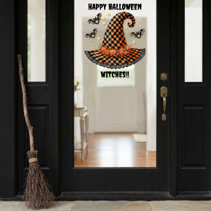 Vinilos Para Cristales Sombrero de Bruja de Halloween de Gingham Naranja