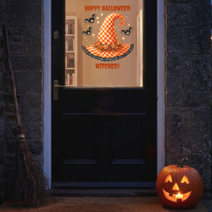 Vinilos Para Cristales Sombrero de Bruja de Halloween de Gingham Naranja