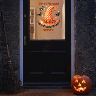 Vinilos Para Cristales Sombrero de Bruja de Halloween de Gingham Naranja