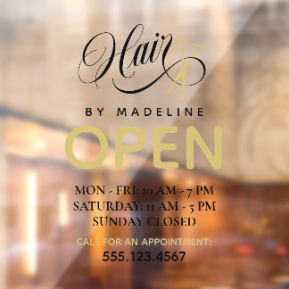 Vinilos Para Cristales Swirly Black Text Scissors Hair Salon Open Hours