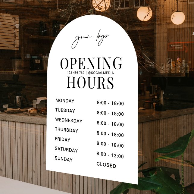 Vinilos Para Cristales Tiempos mínimos de apertura del logotipo comercial (Modern white arch business opening times window cling sign for your shop, salon or office)