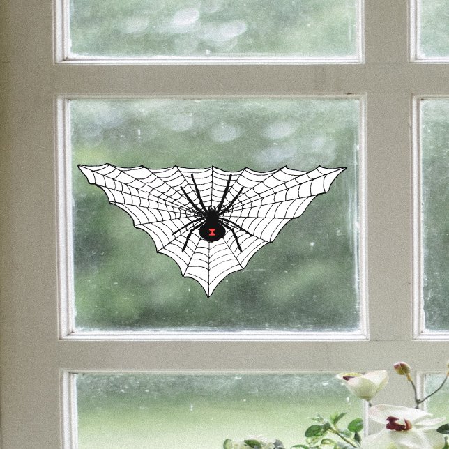 Vinilos Para Cristales Triangular Spider Web Black Widw Red Hourglass (black triangular spider web on white with black widow spider in center on Halloween window cling.)
