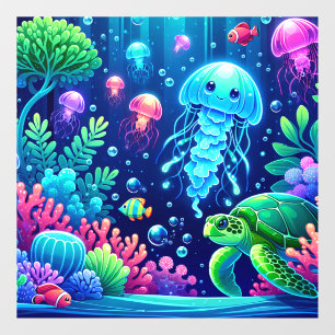 Vinilos Para Cristales Vibrante Fantasía oceánica con medusas y tortugas