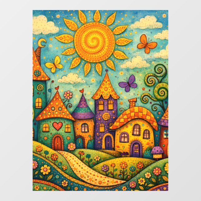 Vinilos Para Cristales Whimsical Fairy Tale Village Colorful Canvas Art (Hoja)