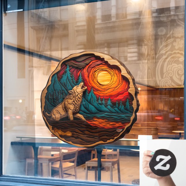 Vinilos Para Cristales Wolf Howling Faux Wood Carving Wild Nature (Ventana de cafetería)