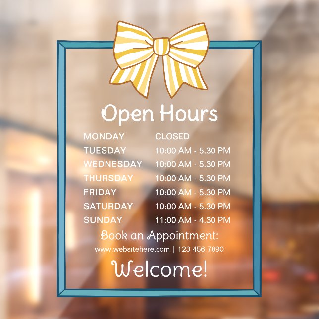 Vinilos Para Cristales Yellow Striped Bow Blue Frame Open Hours Number (Hoja 2)