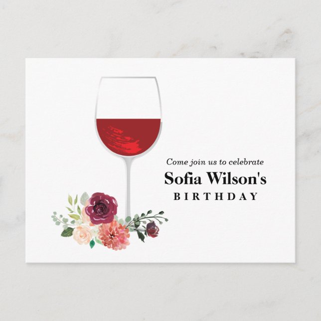 vino, cumpleaños de adultos, boda, invitación flor (Anverso)
