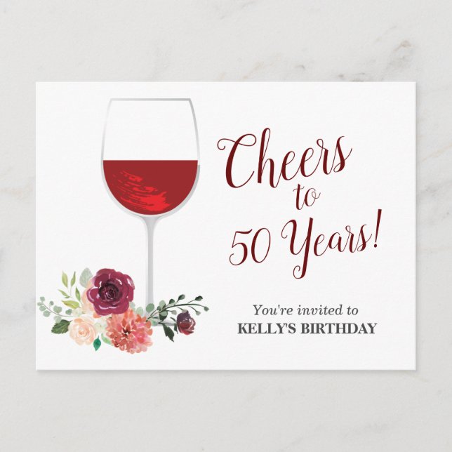 vino tinto, alegría cumpleaños Invitación postal (Anverso)