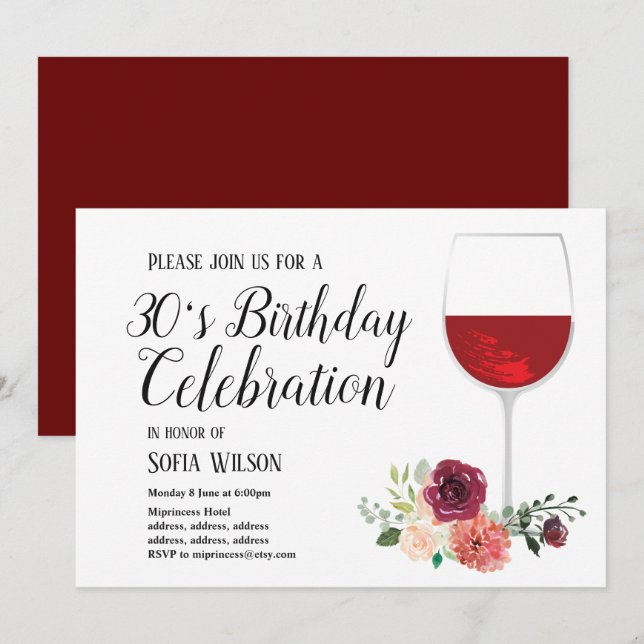 vino tinto, floral, invitación a fiesta de cumplea (Anverso / Reverso)