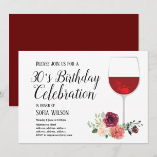 vino tinto, floral, invitación a fiesta de cumplea