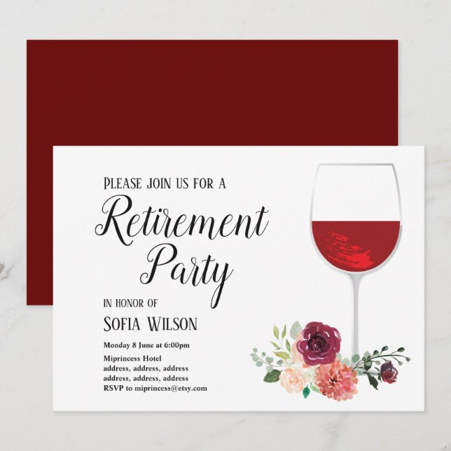 vino tinto, floral, invitación a fiesta de jubilac (Anverso / Reverso)