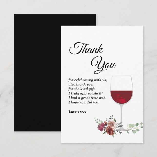 vino tinto, flores marrones, tarjeta de agradecimi (Anverso / Reverso)