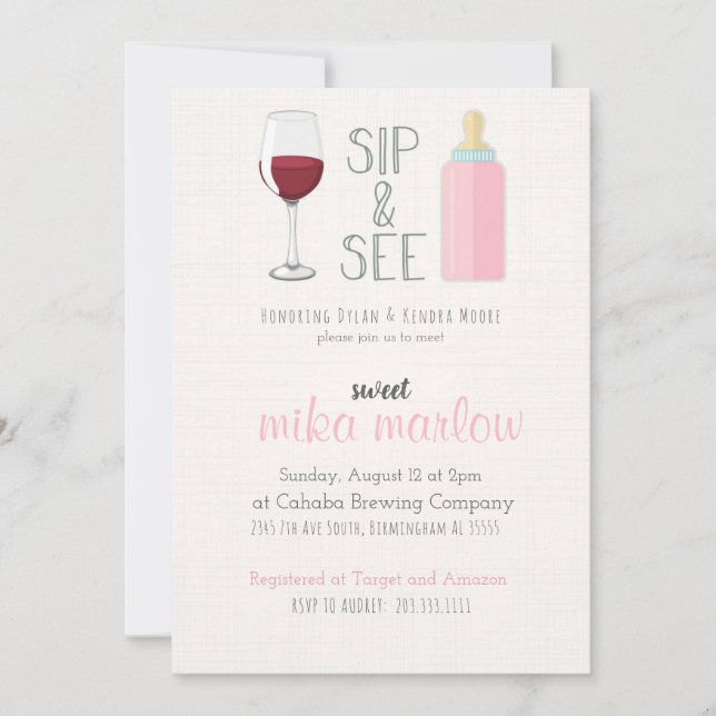 Vino Vidrio Sip y Ver Invitación Baby Shower (Anverso)