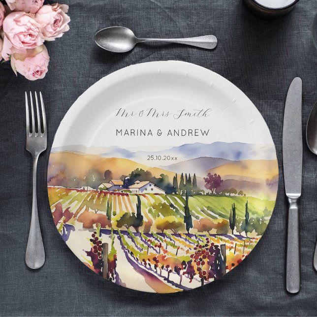 Vinos de Napa Valley acuarela boda vajilla (Napa valley vineyard watercolor personalized wedding plates)