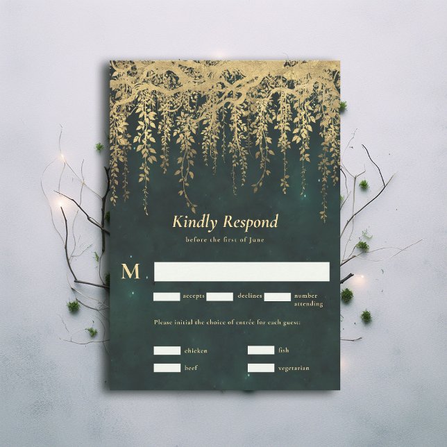 Vinos de oro mágico forestal encantados RSVP Boda (Enchanted Forest Magical Gold Vines Wedding RSVP draped foliage emerald green moody dark)