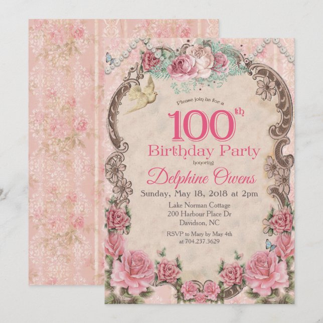Vintage 100.ª Invitación de cumpleaños al centenar (Anverso / Reverso)