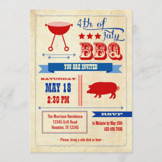 Vintage 4to de la invitación del Bbq de julio