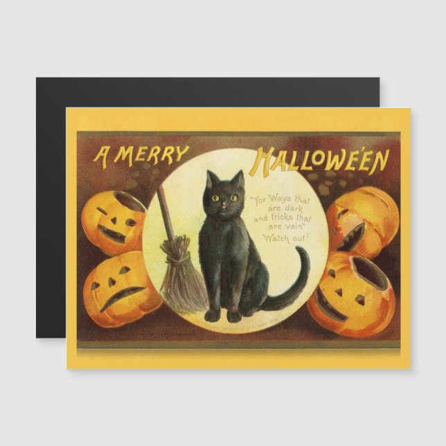 Vintage A Merry Halloween Black Cat Broom (Anverso/Reverso)