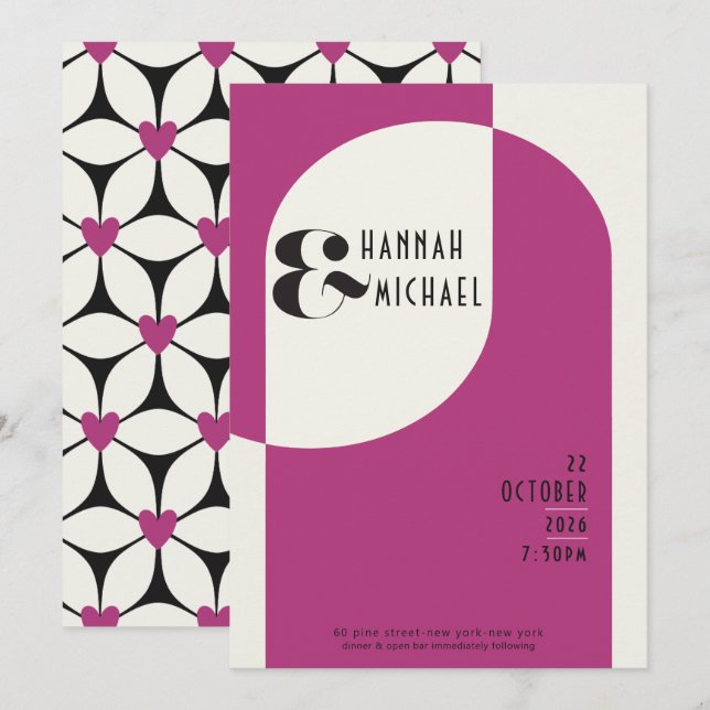 Vintage Art Deco Boda Black Magenta Invitación (Anverso / Reverso)