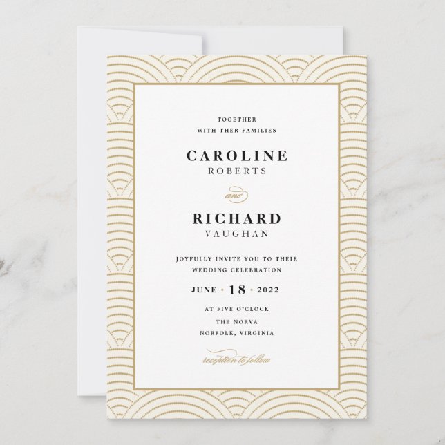 Vintage Art Deco Wedding Invitación a marfil Gold (Anverso)