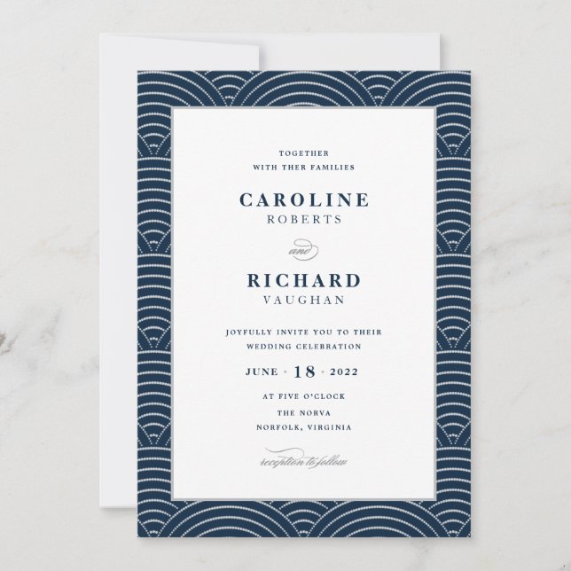 Vintage Art Deco Wedding Invitación Marina Azul (Anverso)