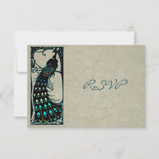 Vintage Art Nouveau Peacock Wedding RSVP (Anverso)