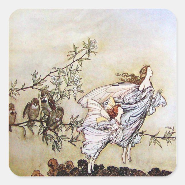 Vintage Arthur Rackham Fairies Square Pegatina (Anverso)