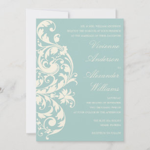 VINTAGE AZUL Y FLORES DE CREMA INVITACIÓN DE BODA