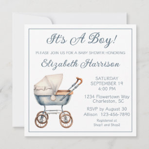 Vintage Baby Carriage Baby Boy Shower Invitación