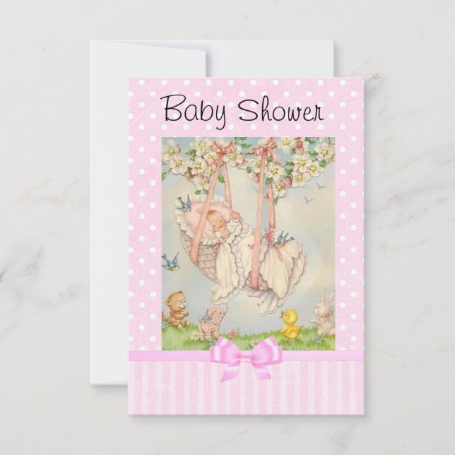 Vintage Baby Carriage Invitación rosa y blanca (Anverso)