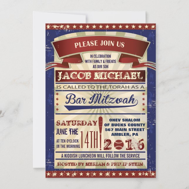 VINTAGE BASEBALL Bar Mitzvah Invitación (Anverso)