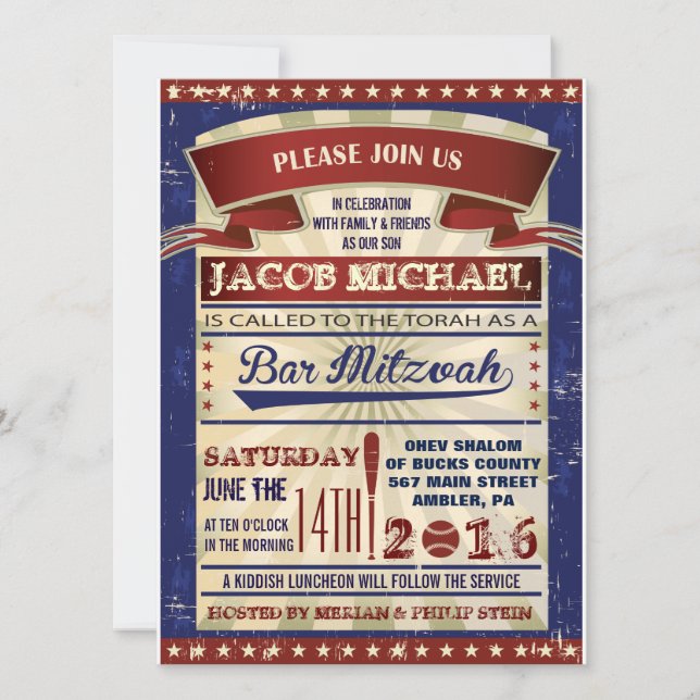 VINTAGE BASEBALL Bar Mitzvah Invitación (Anverso)