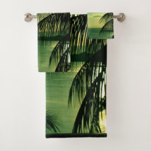Vintage Beach Sunset Green-Blue Sky Palms negras