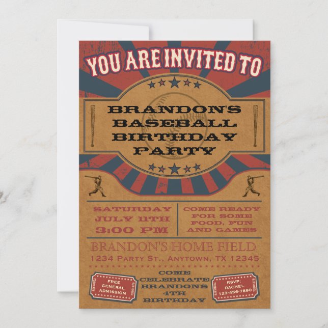 Vintage Béisbol Birthday Party Invitación (Anverso)