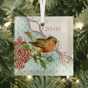 Vintage Bird Damask Ornamento de Navidad