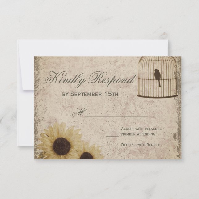 Vintage Birdcage Rustic Sunflowers Wedding RSVP (Anverso)
