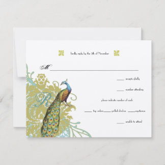 Vintage Birds Lagoon Endive Damask Wedding RSVP
