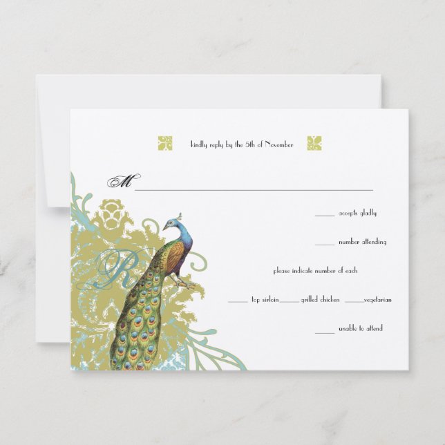 Vintage Birds Lagoon Endive Damask Wedding RSVP (Anverso)