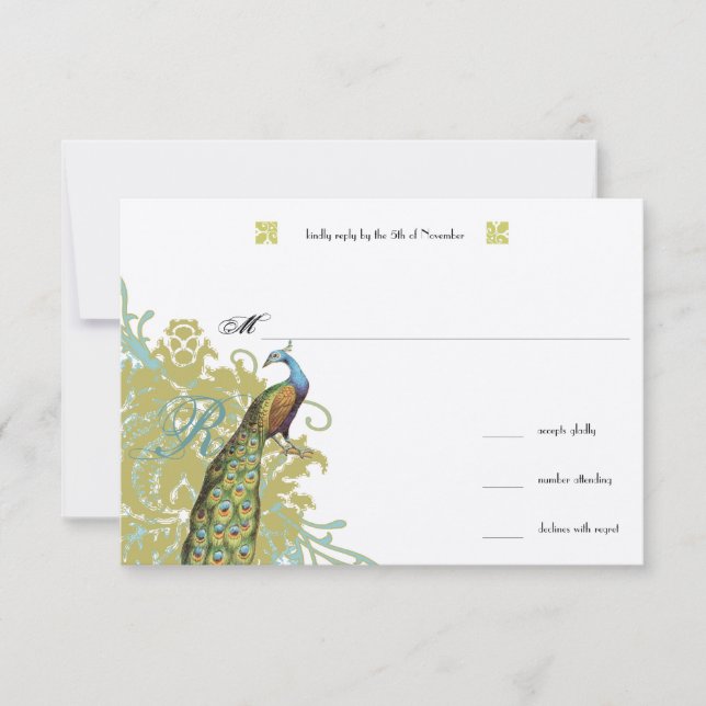 Vintage Birds Lagoon Endive Damask Wedding RSVP (Anverso)