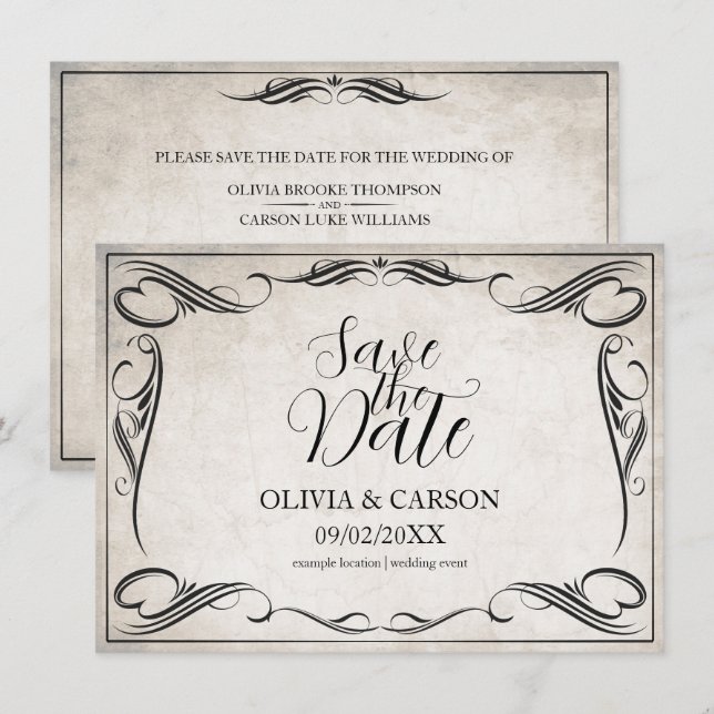 Vintage Black Art Deco Wedding Save the Date (Anverso / Reverso)