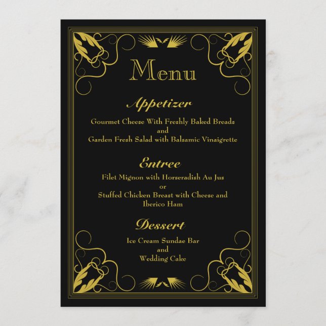 Vintage Black Gold Giled Age Boda Menu (Anverso)