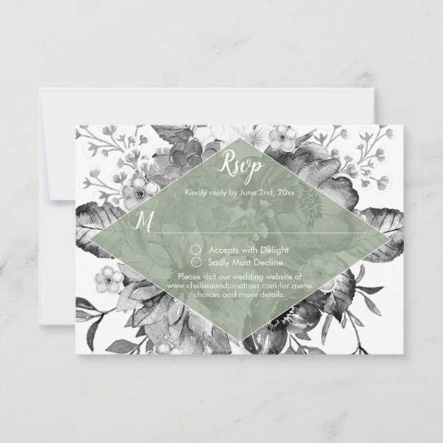 Vintage Black White Sage Green RSVP (Anverso)
