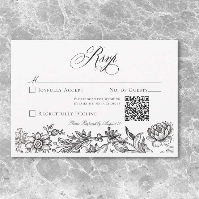 Vintage Black & White Tapestry Floral Wedding RSVP (Vintage Black & White Tapestry Floral Wedding RSVP Card)